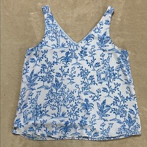 Lilly Pulitzer Blue and White Florin Straight Hem Top in Tall Tales Print